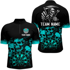 Maxcorners Custom Men's Grim Reaper Dart Shirt – Black Cyan Grunge Dart Jersey Team Polo & Quarter Zip Style LM2404