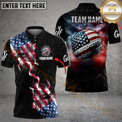 Maxcorners Golf Smoke Grunge US Flag Personalized Name 3D Shirt