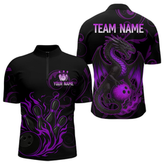 Maxcorners Black And Purple Flame Custom Dragon Bowling Team Shirts For Men, Bowling Uniform Outfit LM1605