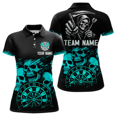 Maxcorners Custom Men's Grim Reaper Dart Shirt – Black Cyan Grunge Dart Jersey Team Polo & Quarter Zip Style LM2404