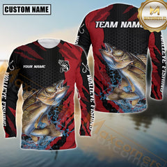 Maxcorners Walleye Fishing Red Splash Strike Personalized Name, Team Name Long Sleeve Shirt