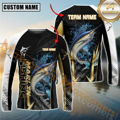 Maxcorners Marlin Fishing Black Gold Design Pattern Sport Jersey Personalized Name, Team Name Long Sleeve Shirt