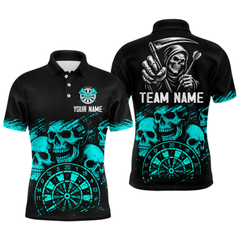 Maxcorners Custom Men's Grim Reaper Dart Shirt – Black Cyan Grunge Dart Jersey Team Polo & Quarter Zip Style LM2404