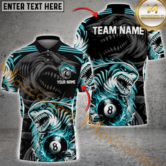 Maxcorners Ball 8 Shark Attack Billiard Jersey Custom Name, Team Name Pool 3D Shirt With Fierce Shark Design