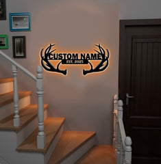 Maxcorners Personalized Deer Antler Metal Sign WITH LED/WITHOUT LED - Rustic Cabin Name Sign, Hunter Lodge Established Wall Art LM0110