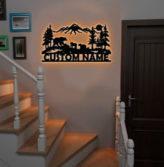 Maxcorners Personalized Bear Family Metal Sign WITH LED/WITHOUT LED - Mountain Cabin Name Sign, Rustic Wildlife Wall Art for Lodge & Outdoor Decor LM0110