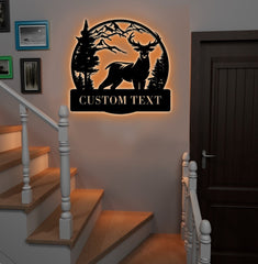 Maxcorners Personalized Deer Hunting Metal Sign WITH LED/WITHOUT LED Light Mountain Scene Custom Text Rustic Wall Art Gift LM0110