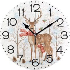 Maxcorners Christmas Two Deer Wall Clock Battery Operated Non-Ticking Silent Quartz Analog Rustic Farmhouse Round Clock Retro Decor for Home Kitchen Living Room Bathroom TU3012