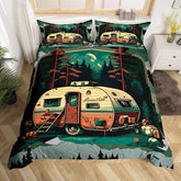Maxcorners Camping Camper Duvet Cover Watercolor RV Outdoor Pine Trees Bedding Set