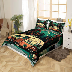 Maxcorners Camping Camper Duvet Cover Watercolor RV Outdoor Pine Trees Bedding Set