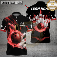 Maxcorners Bowling And Pins Flame Perfect Strike Customized Name, Team Name 3D Shirt (4 Colors)
