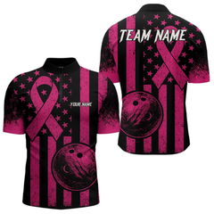 Maxcorners Black and Pink ribbon American Flag Bowling Shirts For Men Custom Breast Cancer team bowling shirts LM064