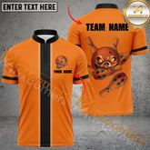 Maxcorners Orange And Black Funny Ball Skull Bowling Jersey Customized Name, Team Name 3D Polo Shirt