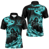 Maxcorners Custom Grim Reaper Bowling Polo Shirts For Men, Teal Blue Flame Skull Halloween Design LM105