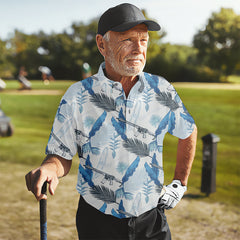 Maxcorners Blue Feather Golf Polo Shirt, Mens Golf Gift, Mens Tropical Shirts