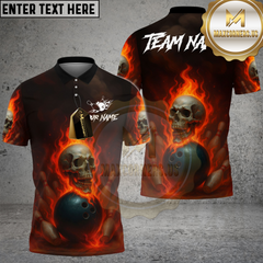 Maxcorners Bowling And Pins Fire Skull Lane Streetwear Customized Name, Team Name 3D Shirt Red TU0207