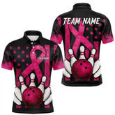 Maxcorners Breast Cancer Bowling Shirts For Men Custom Black and Pink ribbon American Flag Bowling Team Jerseys LM064