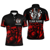 Maxcorners Black and Red Flame Skull Bowling Polo, Quarter Zip Shirts For Men Custom Skull Bowling Team Jerseys LM2404