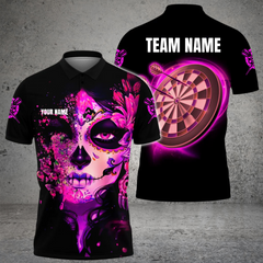 Maxcorners Darts Sugar Skull Art Flame Customized Name, Team Name 3D Polo Shirt