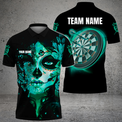 Maxcorners Darts Sugar Skull Art Flame Customized Name, Team Name 3D Polo Shirt