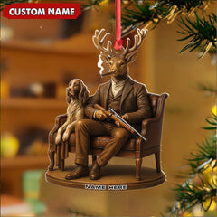 Maxcorners Personalized Acrylic Deer Christmas Ornament - Elegant Hunter Buck with Dog Holding Rifle Holiday Decor LM0110