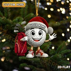 Maxcorners Cute Golf Ball Character Santa Hat Red Golf Bag Personalized Name Christmas Ornament 2D Flat