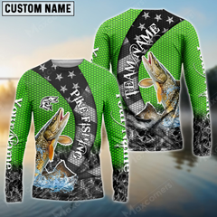 Maxcorners Pike Fishing American Green Star Sun Protection Personalized Name, Team Name Long Sleeve Shirt