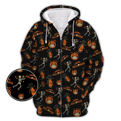 Maxcorners Pattern Golf Shirt, Halloween Skeleton With Pumpkin Golf Polos, Funny Golf Shirt For Men