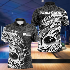 Maxcorners Custom Black And White Tribal Polynesian Bowling Team Men Polo Shirts, Niho Mano Bowling Shirt