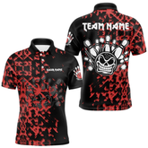 Maxcorners Black and Red Camo Funny Skull Bowling Polo, Quarter Zip Shirt for Men Custom Bowling Team Jersey LM1805