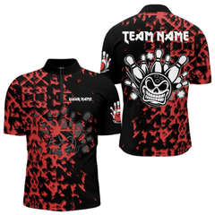 Maxcorners Black and Red Camo Funny Skull Bowling Polo, Quarter Zip Shirt for Men Custom Bowling Team Jersey LM1805