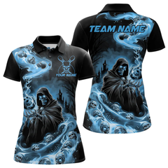 Maxcorners Custom Grim Reaper Bowling Polo Shirts For Men, Mid Blue Flame Skull Halloween Design LM105