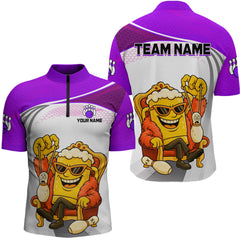 Maxcorners Custom Funny Purple Beer Polo Bowling Team Shirt for Men Quarter-Zip Bowling Jersey Outfit LM1812
