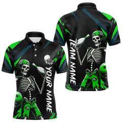 Maxcorners Custom Green Skull Bowling Team Shirt for Men Polo & 1/4 Zip Bowling League Jersey Bowling Unisex LM3010