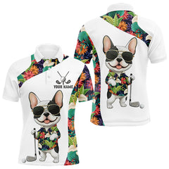Maxcorners Funny Mens Golf Polo Shirt Custom Tropical Leaf Pattern Personalized Bulldog Golf Shirts For Men TU2212