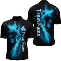 Maxcorners Custom Blue Flame Wolf Bowling Jersey for Men Polo & 1/4 Zip Bowling Team Shirts MT1511