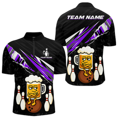 Maxcorners Custom Purple Funny Beer Bowling Jersey for Men Bowling Team Shirts Polo & 1/4 Zip LM1112