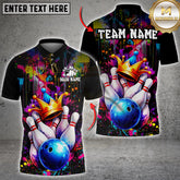 Maxcorners Bowling Crown Pins Graffiti Splash Art Multicolor Customized Name, Team Name 3D Shirt
