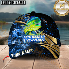 Maxcorners Mahi-Mahi Fishing Fire Gold Pattern With Blue Flame Pattern Sport Pattern Personalized Name 3D Cap MT78