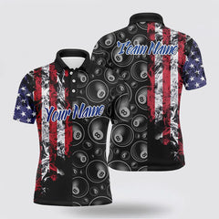 Maxcorners Black Red 3D Pattern Billiard 8 Ball USA Flag Polo Shirts