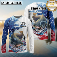 Maxcorners Catfish Fishing Patriotic American Flag Wave White Skin Custom Name & Team Name 3D Shirts TU1807