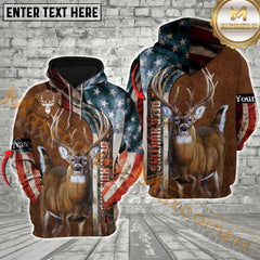 Maxcorners Deer Hunting USA Flag Brown Leather Pattern Custom Name Shirt 3D All Over Printed Clothes