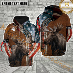 Maxcorners Moose Hunting USA Flag Brown Leather Pattern Custom Name Shirt 3D All Over Printed Clothes