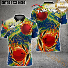 Maxcorners Bowling Ball & Pins Flame Pattern Jersey Style Personalized Name, Team Name 3D Polo Shirt (4 Colors)