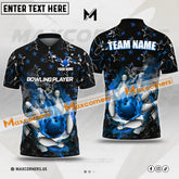Maxcorners Bowling & Pins Flame Fire Ball Star Pattern Multicolor Option Customized Name, Team Name 3D Polo Shirt (4 Colors)