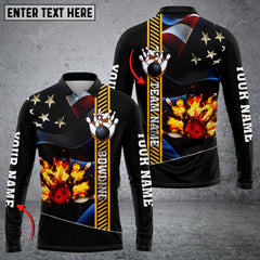 Maxcorners Bowling Ball And Pins Flame USA Flag Pattern Customized Name Long Sleeve 3D Shirt