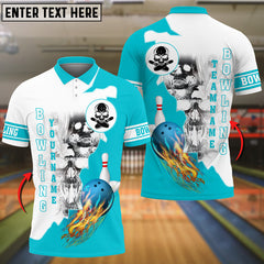 Maxcorners Blue Bowling Ball Flame Skull Pattern Premium Multicolor Option Customized Name 3D Shirt