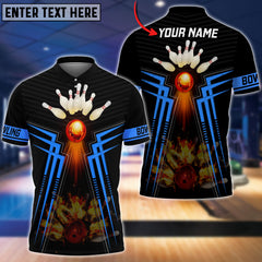 Maxcorners Blue Bowling Ball And Pins Flame Premium Customized Name 3D Shirt