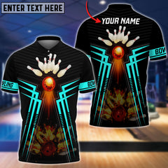 Maxcorners Cyan Bowling Ball And Pins Flame Premium Customized Name 3D Shirt