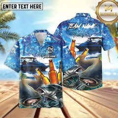 Maxcorners Catfish Fishing Boat Blue Beer Pattern Sport Jersey Personalized Name, Team Name Hawaiian Shirt